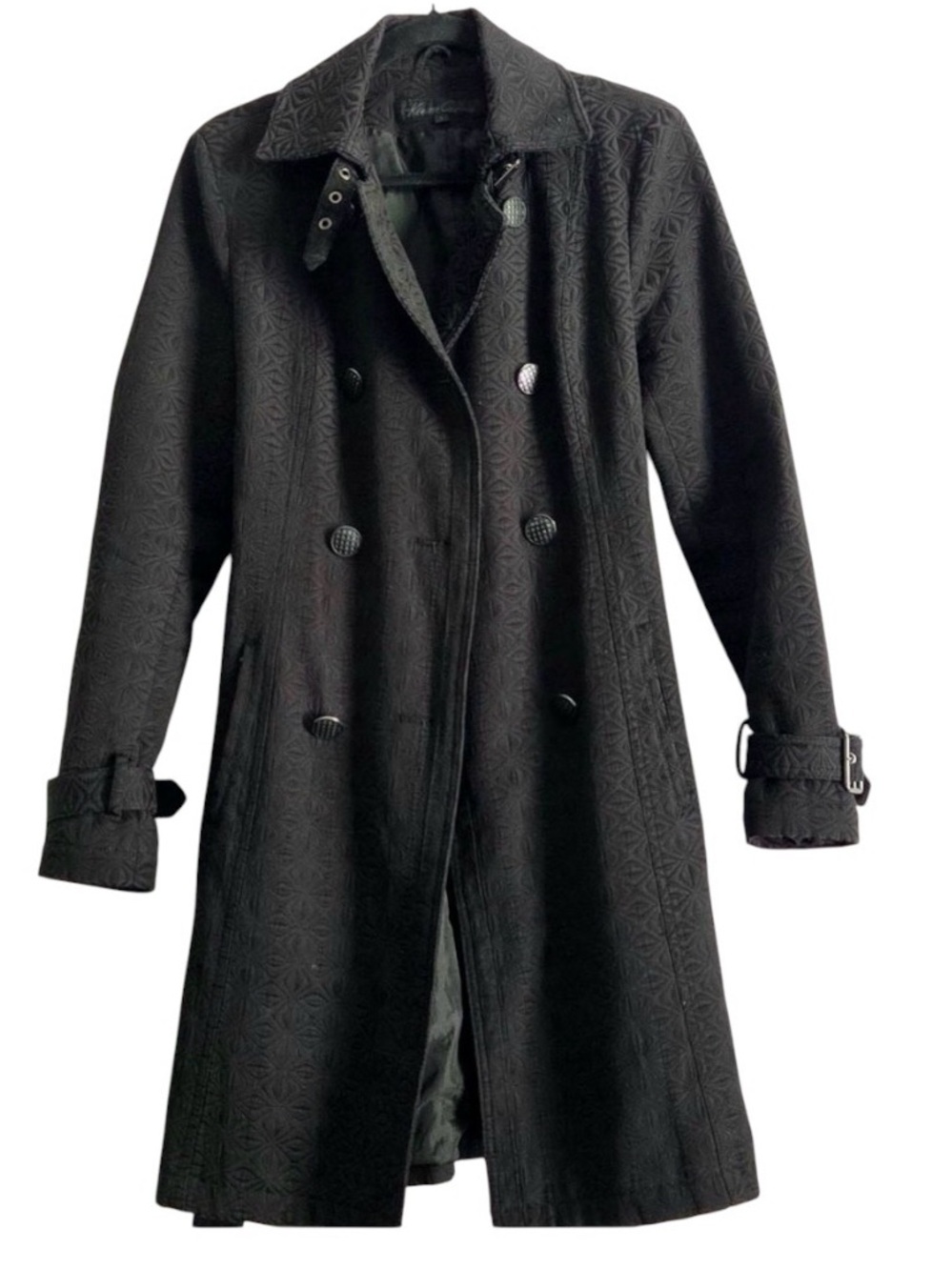 Kenneth Cole New York Long  double-breasted textured trench coat‎ Black Large